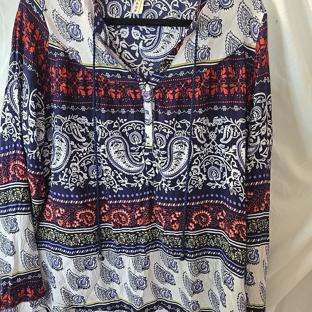 Roper Women's Long Sleeve V-neck 1/2 Button-Up Tassel Paisley Boho Peasant Top L - Picture 3 of 16